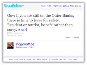 North Carolina governor Office Tweets about Earl